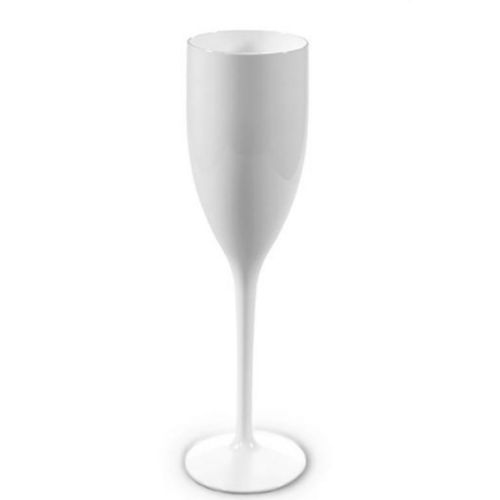 Weißes Kunststoff-Champagnerglas mit einem Fassungsvermögen von 15 cl ist zum Bedrucken geeignet